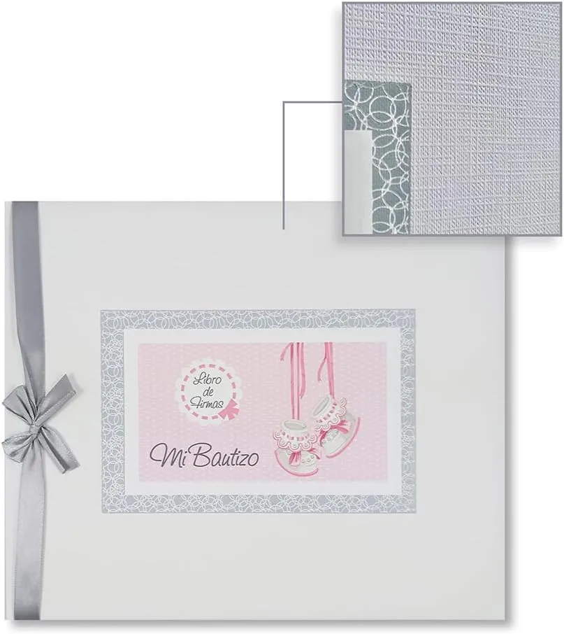 Libro de firmas bautizo bebe niña, libro visitas medidas, 27,5 x 23 x 2, 64 paginas, tapa dura, forrada gua Flex, con lazo plateado, más porta móviles personalizable - Imagen 3