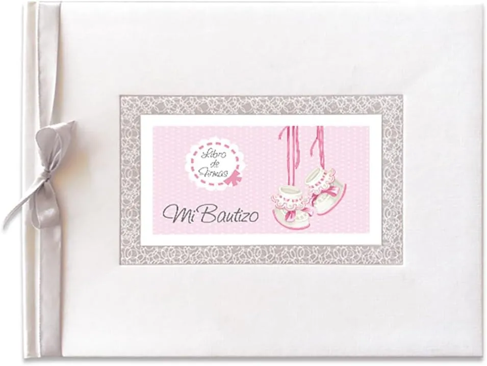 Libro de firmas bautizo bebe niña, libro visitas medidas, 27,5 x 23 x 2, 64 paginas, tapa dura, forrada gua Flex, con lazo plateado, más porta móviles personalizable - Imagen 5