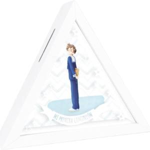 Hucha Triangular de Madera para Primera Comunión de Niño Diseño en Blanco con Cristal Doble para Personalización con Foto Medidas 15 x 15 x 5 cm Regalo Ideal para la Primera Comunión