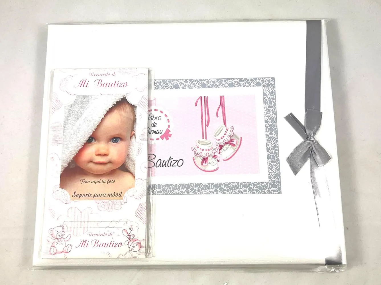 Libro de firmas bautizo bebe niña, libro visitas medidas, 27,5 x 23 x 2, 64 paginas, tapa dura, forrada gua Flex, con lazo plateado, más porta móviles personalizable - Imagen 9