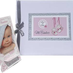 Libro de firmas bautizo bebe niña, libro visitas medidas, 27,5 x 23 x 2, 64 paginas, tapa dura, forrada gua Flex, con lazo plateado, más porta móviles personalizable