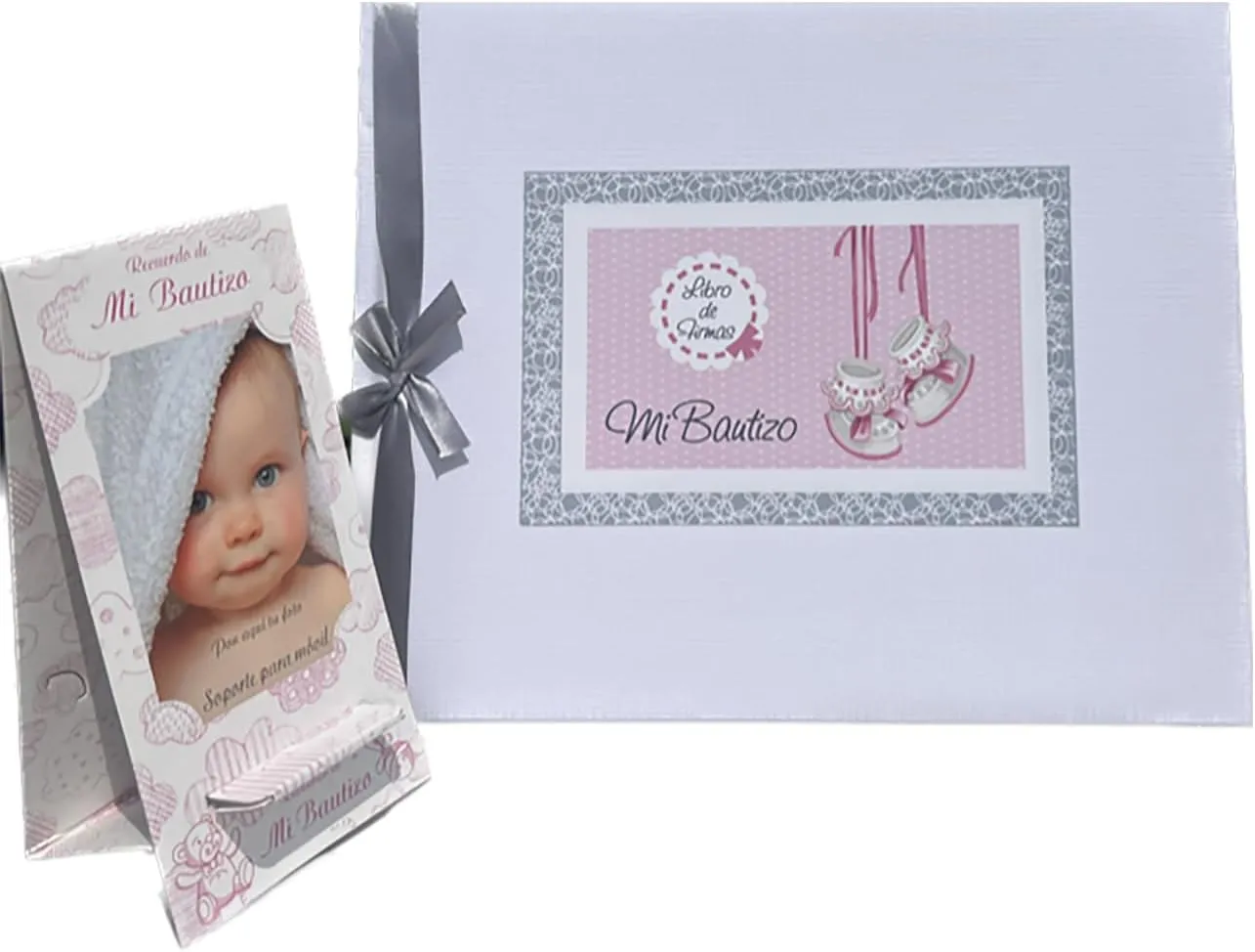 Libro de firmas bautizo bebe niña, libro visitas medidas, 27,5 x 23 x 2, 64 paginas, tapa dura, forrada gua Flex, con lazo plateado, más porta móviles personalizable