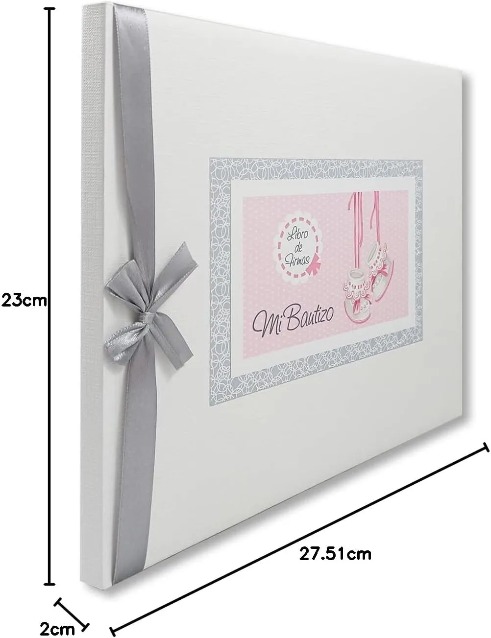 Libro de firmas bautizo bebe niña, libro visitas medidas, 27,5 x 23 x 2, 64 paginas, tapa dura, forrada gua Flex, con lazo plateado, más porta móviles personalizable - Imagen 6