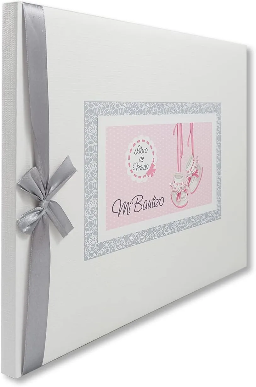 Libro de firmas bautizo bebe niña, libro visitas medidas, 27,5 x 23 x 2, 64 paginas, tapa dura, forrada gua Flex, con lazo plateado, más porta móviles personalizable - Imagen 7