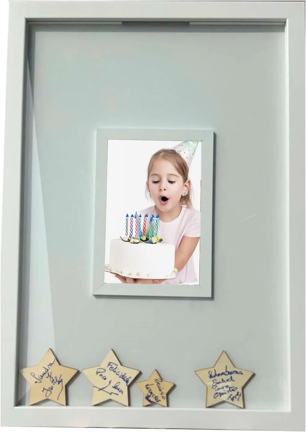 ARGUVAL® - Marco de los deseos, sueños e intenciones 50 Estrellas de madera para firmar Ideal para todo tipo de eventos especiales Personalizable con foto (10x15cm) Medidas 42x29cm - Imagen 7