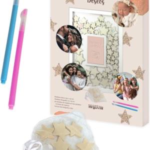 ARGUVAL® - Marco de los deseos, sueños e intenciones 50 Estrellas de madera para firmar Ideal para todo tipo de eventos especiales Personalizable con foto (10x15cm) Medidas 42x29cm