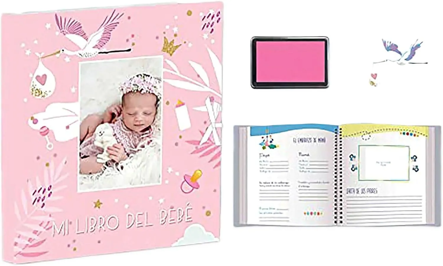 Mi libro del bebé niña, más tampón huellas manos y pies, recuerdo de bebé con 44 páginas a todo color, varias páginas para estampar las huellas durante diferentes meses, tamaño 29x28 - Imagen 2