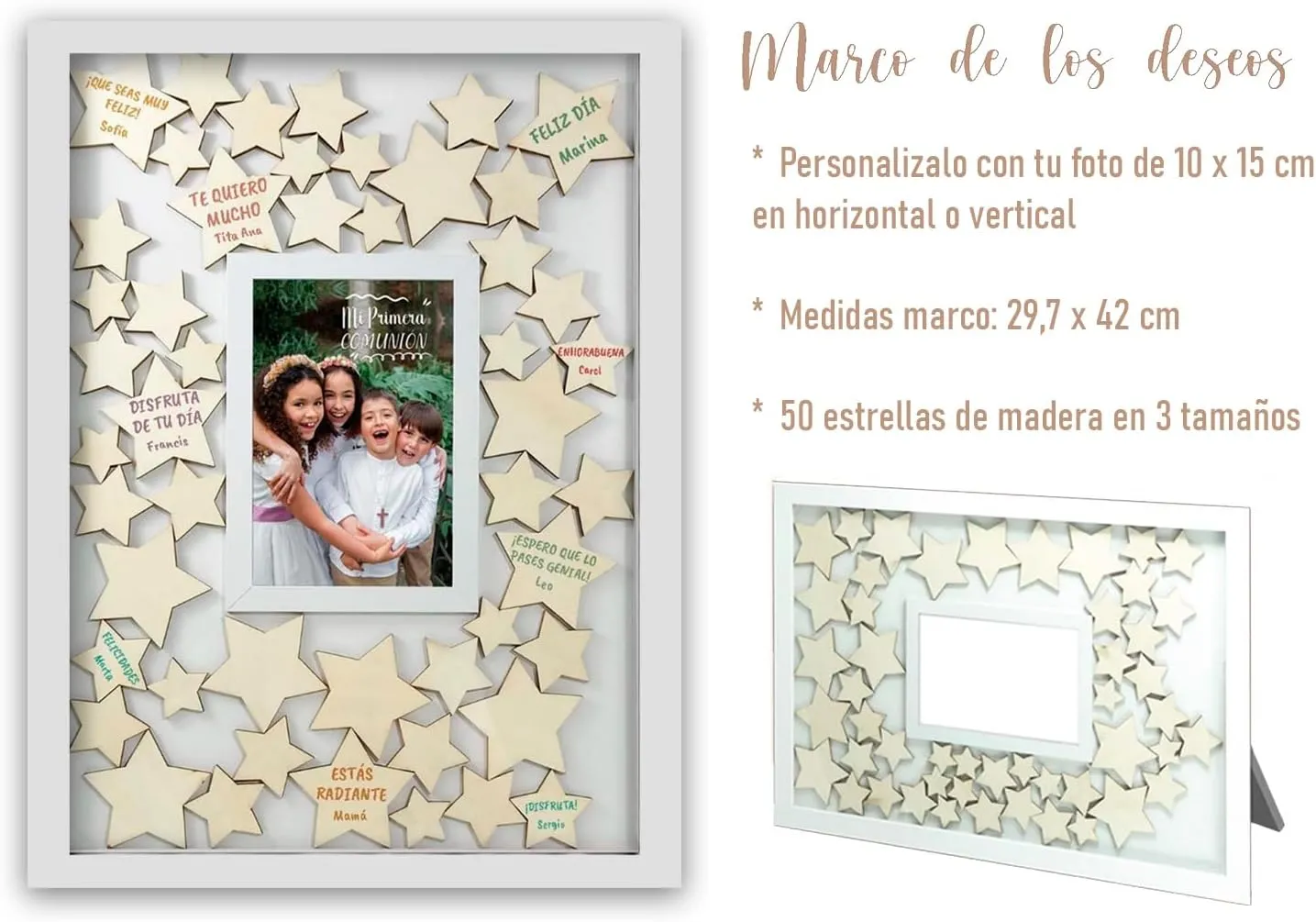 ARGUVAL® - Marco de los deseos, sueños e intenciones 50 Estrellas de madera para firmar Ideal para todo tipo de eventos especiales Personalizable con foto (10x15cm) Medidas 4 - Imagen 6