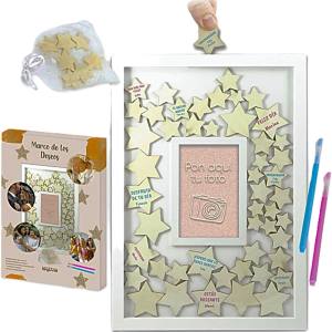 ARGUVAL® - Marco de los deseos, sueños e intenciones 50 Estrellas de madera para firmar Ideal para todo tipo de eventos especiales Personalizable con foto (10x15cm) Medidas 4