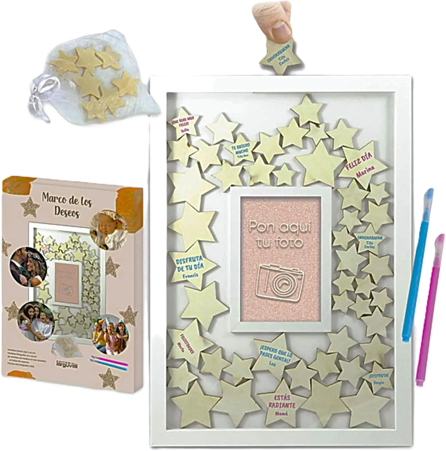 ARGUVAL® - Marco de los deseos, sueños e intenciones 50 Estrellas de madera para firmar Ideal para todo tipo de eventos especiales Personalizable con foto (10x15cm) Medidas 42x29cm