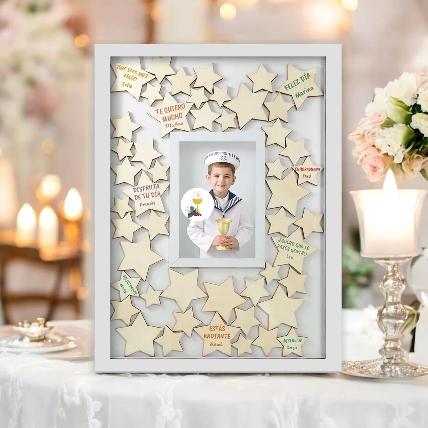 ARGUVAL® - Marco de los deseos, sueños e intenciones 50 Estrellas de madera para firmar Ideal para todo tipo de eventos especiales Personalizable con foto (10x15cm) Medidas 4 - Imagen 4