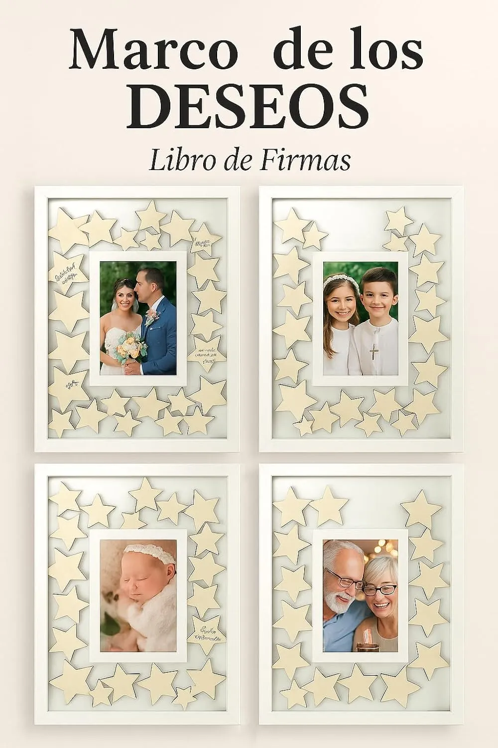 ARGUVAL® - Marco de los deseos, sueños e intenciones 50 Estrellas de madera para firmar Ideal para todo tipo de eventos especiales Personalizable con foto (10x15cm) Medidas 42x29cm - Imagen 5