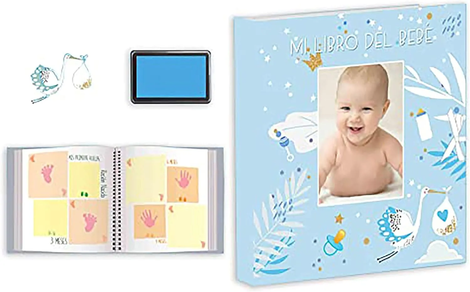Mi libro del bebé niño, más tampón huellas manos y pies, recuerdo de bebé con 44 páginas a todo color, varias páginas para estampar las huellas durante diferentes meses, tamaño 29x28 - Imagen 3