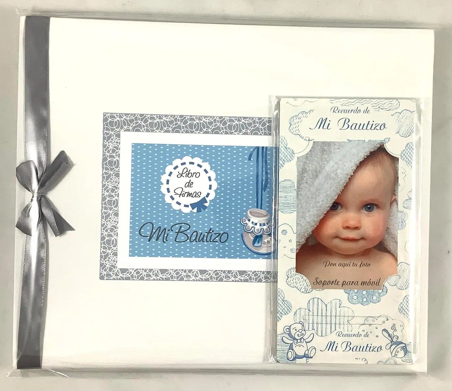 Libro de firmas bautizo bebé niño mas porta móviles con foto personalizable. Libro para recordar los momentos más bellos de un día especial y único