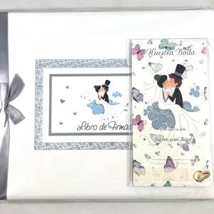Pack libro de firmas boda parejita, más porta móviles para poner la foto de los contrayentes, libro para dedicatorias de los invitados, se puede utilizar como álbum de fotos