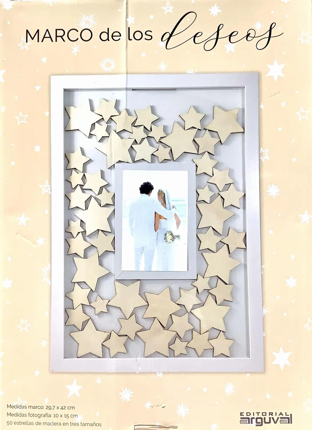 ARGUVAL® - Marco de los deseos, sueños e intenciones 50 Estrellas de madera para firmar Ideal para todo tipo de eventos especiales Personalizable con foto (10x15cm) Medidas 4 - Imagen 2
